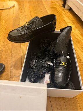 Women Black Leather Slip-On Loafers with Gold Accent